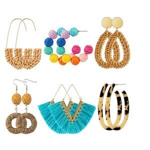 6 Pairs Rattan Earrings – Lightweight Summer Statement Set